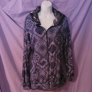 Women's Blue Patterned Zip Hoodie with Fishnet Star Hood